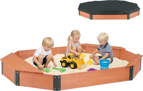 Miniatura 11 de Cajón de arena de 64"x56"x8.5" octogonal con cubierta para juegos al aire libre de niños, arenero grande de madera con 4 bancos, instalación rápida