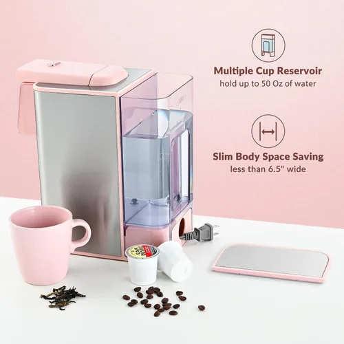 Miniatura 6 de Mecity Cafetera Rosa 3 en 1 Máquina de Café de Una Sola Porción, Para Cápsulas de Café de Fondo Plano, Café Molido, Taza de 6 a 10 Onzas, Depósito