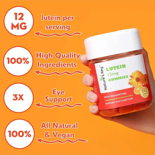 Miniatura 8 de Nature's Key Gomitas de luteína de 12 mg con zeaxantina y vitamina A para niños y adultos Suplemento de salud ocular y función cerebral Sabor a