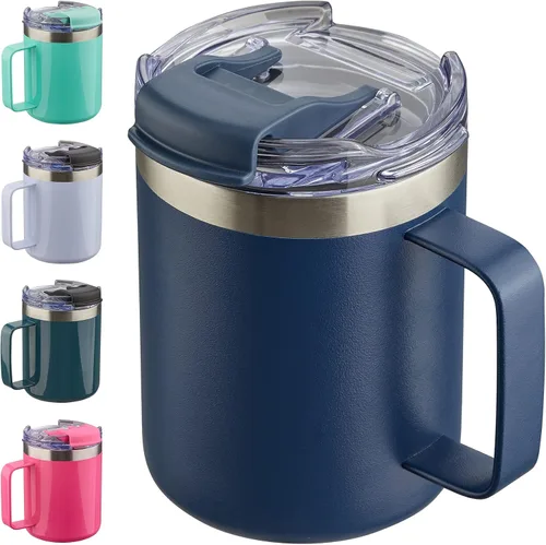 Miniatura 34 de Taza de café aislada de 12 onzas con asa, taza de café de viaje de acero inoxidable con tapa abatible, vaso de café de doble pared con aislamiento