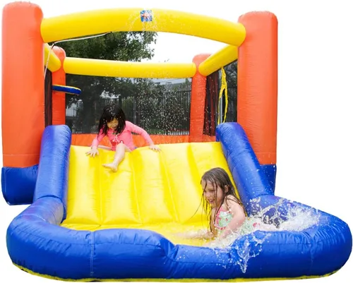 JumpOrange Tobogán acuático naranja pequeño con piscina para niños pequeños y niños pequeños (con soplador), salto y tobogán, aro de baloncesto,