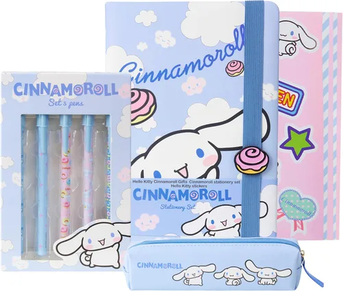 Get Trend Regalos de Hello Kitty Cinnamoroll - Juego de papelería para cuaderno, bolígrafos kawaii, estuche para lápices, calcomanías de anime,