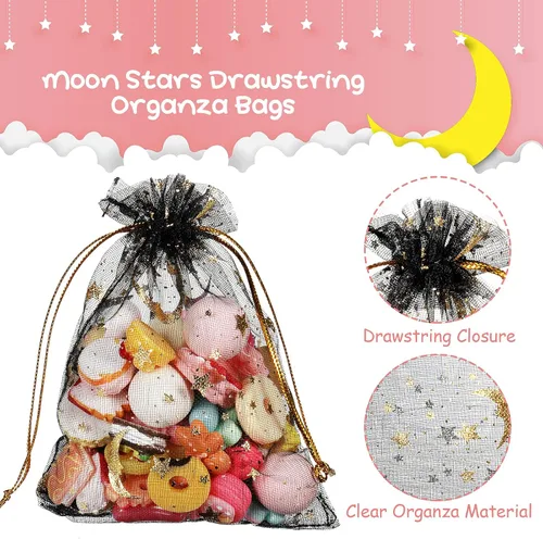 Miniatura 3 de Shappy 150 bolsas de organza con cordón, pequeñas estrellas y luna, bolsa de regalo de malla, bolsas de regalo de malla con estrellas doradas