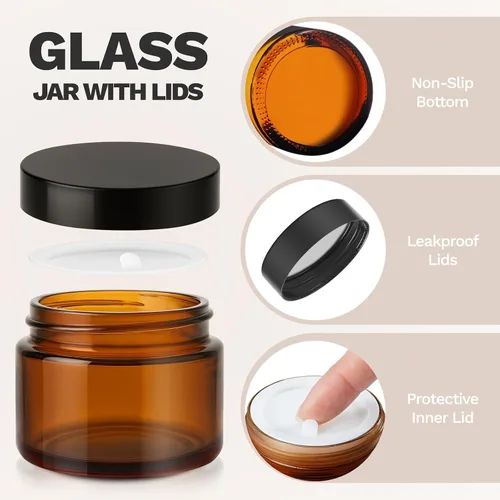 Miniatura 6 de Bumobum - Tarros de vidrio de 1 onza con tapas, paquete de 48 tarros de crema ámbar con tapas negras, etiquetas blancas y negras y revestimientos