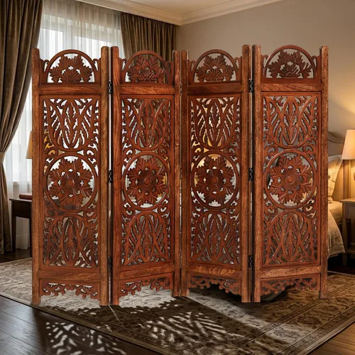 Miniatura 2 de Lightnpro 4 Panel Majestic Wooden Room Divider 64"(W) x 48"(H) Hand-Carved Folding Privacy Screen, Pre-Assembled Decorative Partition for Living