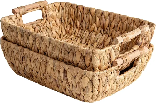 Miniatura 11 de StorageWorks Cestas de almacenamiento grandes tejidas a mano con asas de madera, cestas de mimbre de hierba marina para organizar, paquete de 2