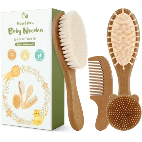 Miniatura 9 de Yoofoss Juego de 4 piezas de cepillo y peine para bebé, cepillo de madera para bebé con pelo de cabra ultra suave natural, cepillo de pelo para bebé
