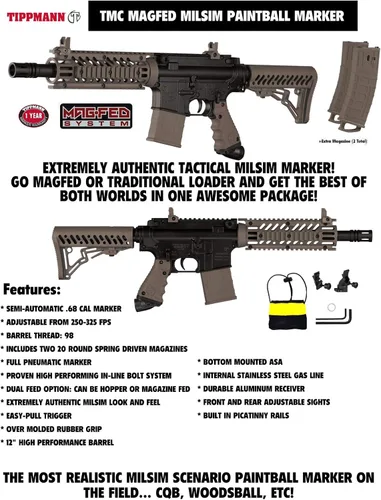 Miniatura 2 de Maddog Tippmann TMC MAGFED Paintball Gun Marker & Accessory Starter Packages Marker, 48ci/3000psi Compressed Air Tank, Mask, Hopper, Pods, Harness