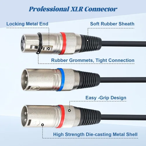 Miniatura 3 de Cable XLR Y-Splitter Cable, Cable de micrófono XLR doble hembra a macho, cable de conexión adaptador de 2 hembra a macho, 2 pies