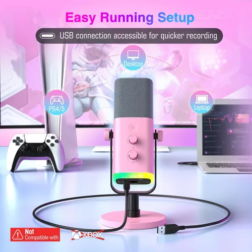 Miniatura 3 de FIFINE - Micrófono XLR/USB de PC para grabación de juegos con conector para auriculares, botón de silencio, RGB dinámico, de transmisión para Rosa