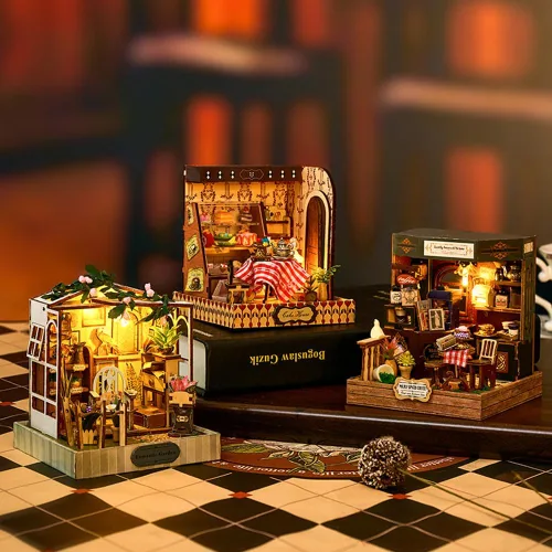 Miniatura 7 de Kit de rincón de libros, kit de casa en miniatura con LED, rompecabezas de madera 3D para adultos, kit de construcción de casa de muñecas, kit