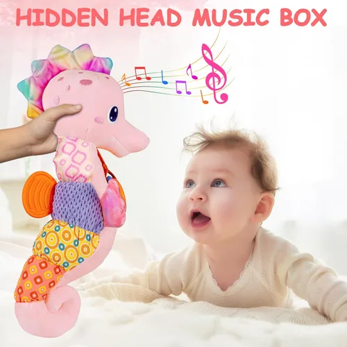 Miniatura 3 de Fuzqq Juguetes para bebé niña de 0 a 6 meses, animal de peluche musical con sonajero, juguete suave para recién nacida de 0 3 6 9 12 meses para Rosa