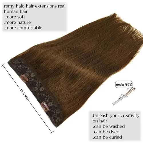 Miniatura 4 de Extensiones de cabello humano real, cabello lacio marrón chocolate de 12 pulgadas con alambre oculto y línea de pescado transparente