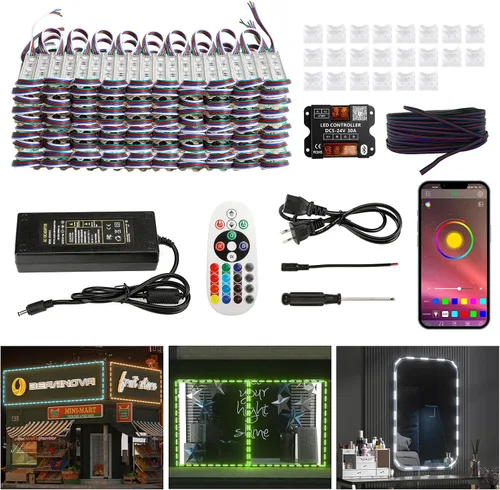 BEAMNOVA Luces LED RGB LED de 100 pies para negocios, kit de tiras de luces, control remoto, control de aplicación móvil Bluetooth, fuente de