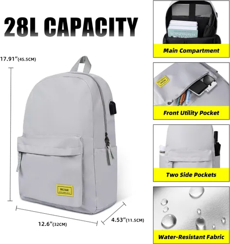 Miniatura 3 de Mochila ligera de alta calidad para laptop con puerto de carga USB, bolsa duradera para la escuela universitaria, 2 organizadores integrados, funda