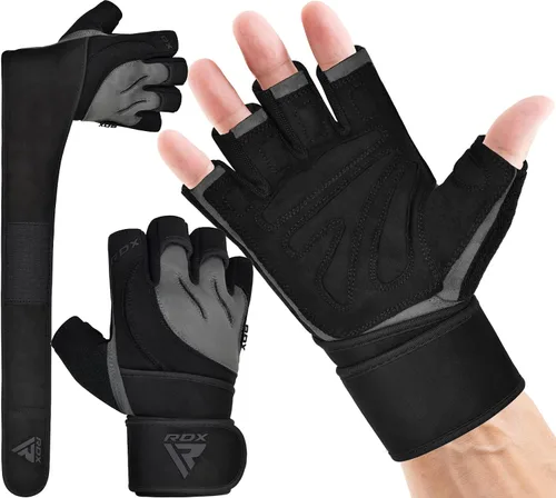 Guantes de levantamiento de peso RDX con soporte para muñeca, correas de muñeca de 50 CM de largo, palma acolchada antideslizante, agarre Gris
