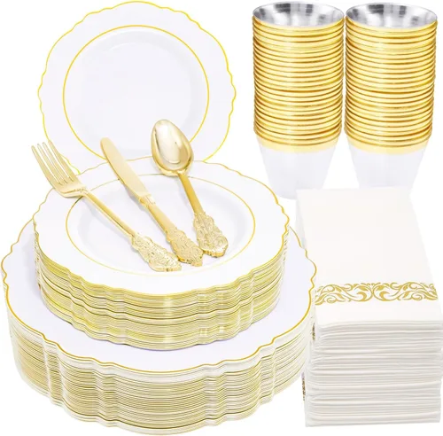 WDF Partyware 350 Piezas de Platos Desechables Dorados para 50 Invitados, Platos de Plástico para Fiesta, Set de Vajilla de 50 Platos de Cena, 50