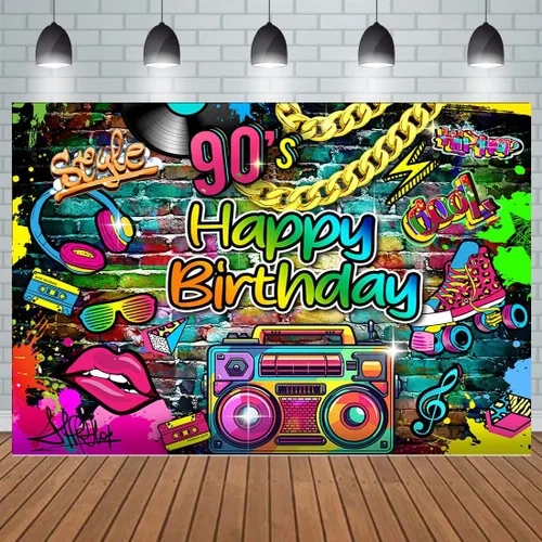Miniatura 3 de Telón de fondo de los años 90, hip pop, feliz cumpleaños, graffiti de los años 80, 90, fiesta de graffiti, retro, urbano, telón de fondo de neón