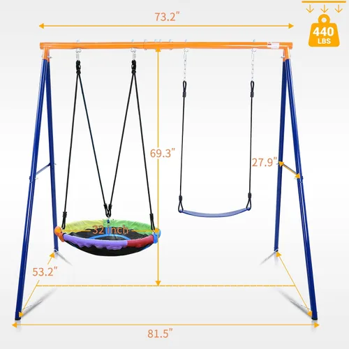 Miniatura 6 de Juego de columpios para el patio trasero, juego de columpios de 440 libras con soporte de metal resistente en forma de A, 1 asiento de columpio tipo