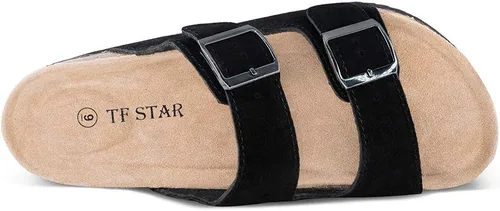 Miniatura 5 de TF STAR Sandalias de cuero de vaca para hombre, hebilla ajustable de 2 correas, pantuflas informales, plantilla de corcho deslizante