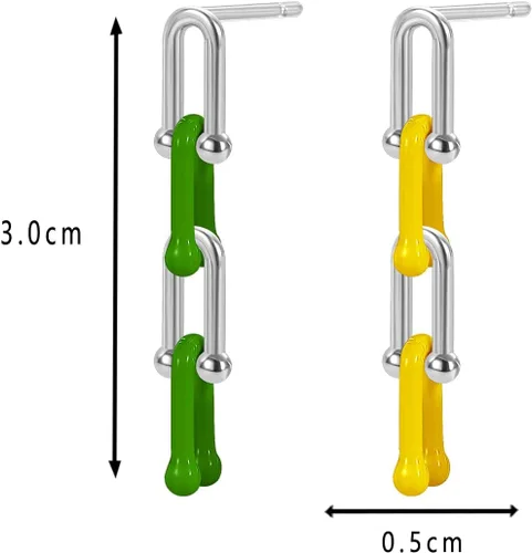 Miniatura 3 de Aretes de aro convertibles de oro para mujer Juego de aretes de aro de eslabones de plata de 14 quilates, esmalte Y2K, multicolor, rectangular