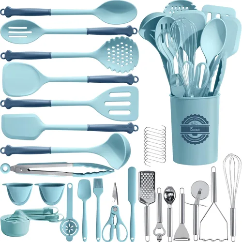Kikcoin Juego de 43 Utensilios de Cocina Grandes - Juego de Utensilios de Cocina de Silicona, Juego de Espátulas Aptas para Lavavajillas para Azul