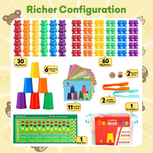 Miniatura 5 de NEOROD Juego de 90 juguetes de aprendizaje de matemáticas de osos para contar arcoíris, clasificación de colores y aprendizaje de matemáticas, juego