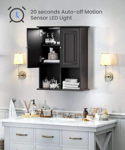 Miniatura 4 de HAIOOU Armario de Pared para Baño con Luz LED con Sensor de Movimiento, Gabinete de Medicina de Madera Montado en Pared, Gabinete de Almacenamiento