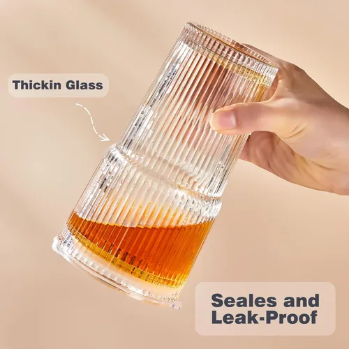 Miniatura 7 de Wells Vasos de vidrio de 20 onzas con tapas y pajitas, tazas de café helado acanaladas, vaso de vidrio grueso, ideal para café, batidos, cócteles