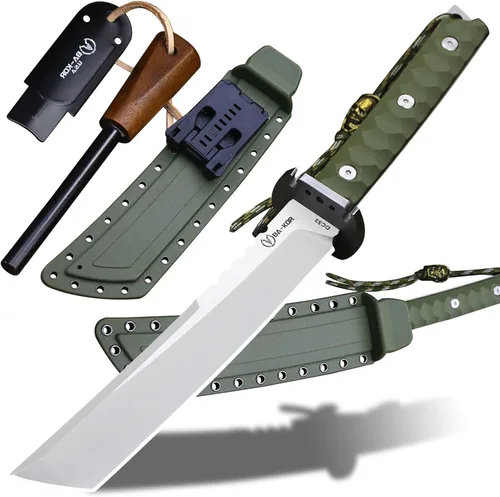 BA-KOR Cuchillo para exteriores de estilo japonés de espiga completa de 15.8 pulgadas – acero DC53 de 0.31 pulgadas, mango y funda de fibra de Hoja