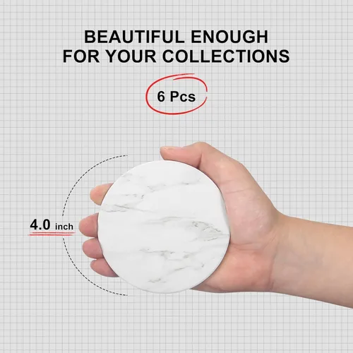 Miniatura 4 de Juego de 6 posavasos de mármol blanco – Posavasos redondos absorbentes de cerámica con soporte para salón, bar, café, taza, mesa, escritorio