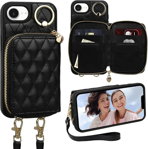 Miniatura 12 de Funda tipo cartera para iPhone 15 de 6.1 pulgadas, bolso cruzado con cremallera y correa para la muñeca con cordón para mujer, tarjetero con bloqueo