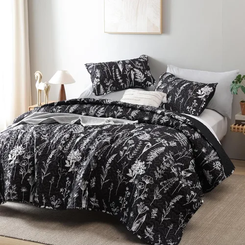 Miniatura 15 de JANZAA Juego de colcha tamaño Queen de 3 piezas con patrón floral, de microfibra ligera, ropa de cama reversible, 1 colcha y 2 fundas de almohada