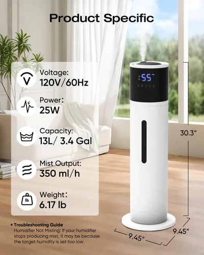 Miniatura 2 de Humidificador de 13L para habitación grande, tiempo de funcionamiento de 100 horas, 28 dB, silencioso, humidificadores de aire de niebla fría