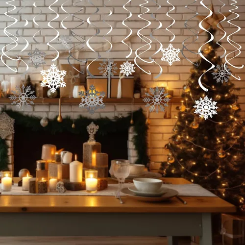 Miniatura 4 de Decoración de remolino colgante de copo de nieve de Navidad de 42 quilates, serpentinas de plástico para decoración colgante de techo, guirnalda