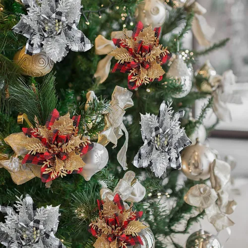 Miniatura 3 de 24 flores de Pascua de Navidad de 4.7 pulgadas con purpurina roja búfalo a cuadros de flores de nochebuena para adornos de árbol de Navidad