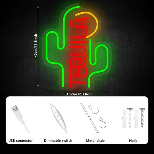Miniatura 2 de Letrero de neón de tequila de cactus, letreros de neón para decoración de pared, letreros LED regulables para dormitorio, letreros estéticos