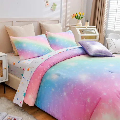 Miniatura 9 de A Nice Night Juego de 6 piezas de ropa de cama con gradiente de purpurina para niñas de tamaño completo, juego de edredón de arco iris y galaxia Rosa