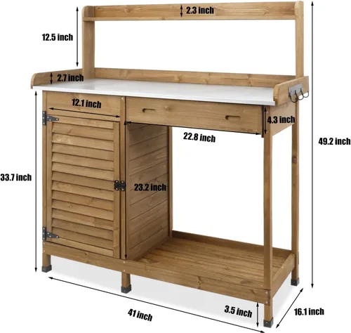 Miniatura 3 de PetsCosset - Banco de jardinería con mesa de trabajo al aire libre, de madera, con superficie de mesa metálica, gabinete, cajón, estante inferior