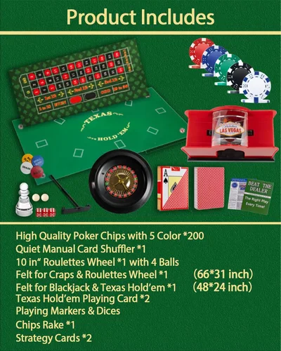 Miniatura 7 de Juego completo de casino 5 en 1: 200 fichas de póquer profesional+barajador de cartas silencioso, blackjack+ruleta rueda+dados, Texas Holdem+Kit