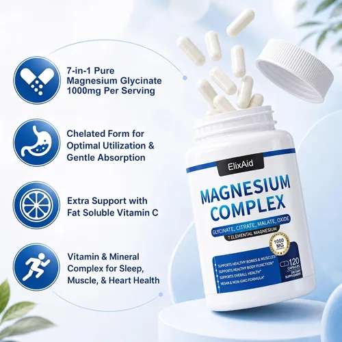 Miniatura 4 de Complejo de magnesio para mujeres y hombres 1000 mg - Suplemento de magnesio 7 en 1 (glicinato, citrato y malato) cápsulas para apoyo al sueño