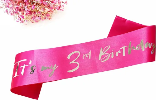 Miniatura 6 de Banda de 3er cumpleaños para niña pequeña, banda de tercer cumpleaños para niñas, banda suave de satén rosa intenso con letra de papel de aluminio