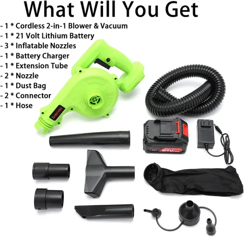 Miniatura 2 de Soplador de hojas inalámbrico, 2 en 1 portátil, batería de litio de 21 V, 110 V, soplador multifuncional para soplar hojas, eliminar polvo y basura