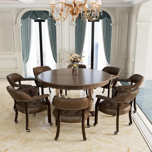 Juego de 8 sillas de cuero de comedor con ruedas y brazos, silla de capitán Accent con ruedas, sillas de madera con ruedas enrollables para cocina y