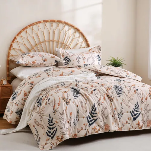 Miniatura 10 de Juego de ropa de cama JSD de microfibra con estampado floral verde, tamaño Queen, 3 piezas, edredón alternativo ligero para todas las estaciones