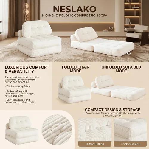 Miniatura 4 de Sofá cama plegable, futón de franela con almohada y manta, silla convertible para sala de estar y dormitorio, color blanco