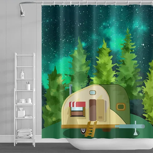 Miniatura 16 de Cortina de ducha Happy Camper de 48 x 72 pulgadas, diseño de caricaturas, remolque, hoguera, aventura al aire libre, cortina de baño para decoración