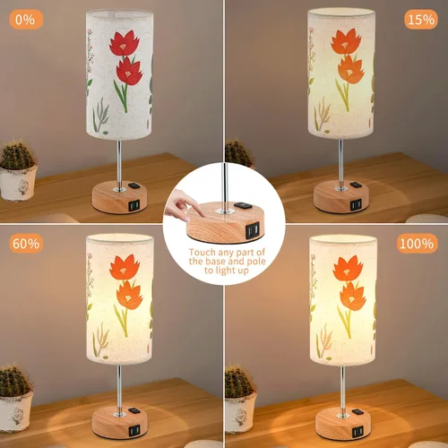 Miniatura 2 de Lámpara de mesa táctil de flores, lámparas de noche regulables de 3 vías con puerto USB y tomacorriente, bonita lámpara con base de grano de madera