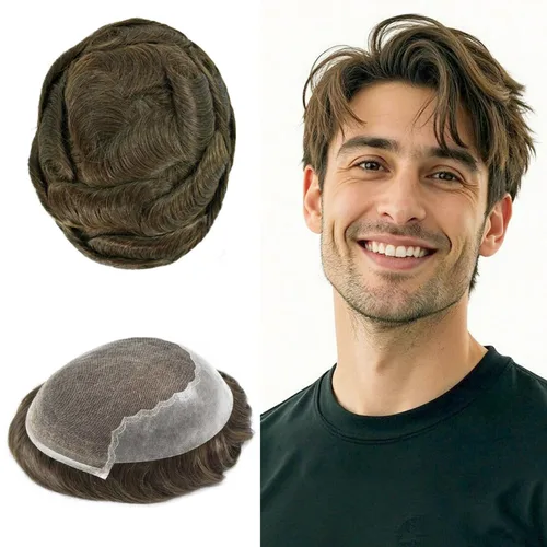 Miniatura 128 de Toupee - Sistemas de reemplazo de cabello para hombre, encaje frontal suizo, nudo blanqueado, pieza de cabello humano natural 1# negro azabache, 8 x