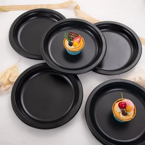 Miniatura 5 de Platos de plástico negro WELLIFE de 9 pulgadas - 150 unidades para fiesta, platos de plástico desechables para cena de Halloween, picnic, BBQ